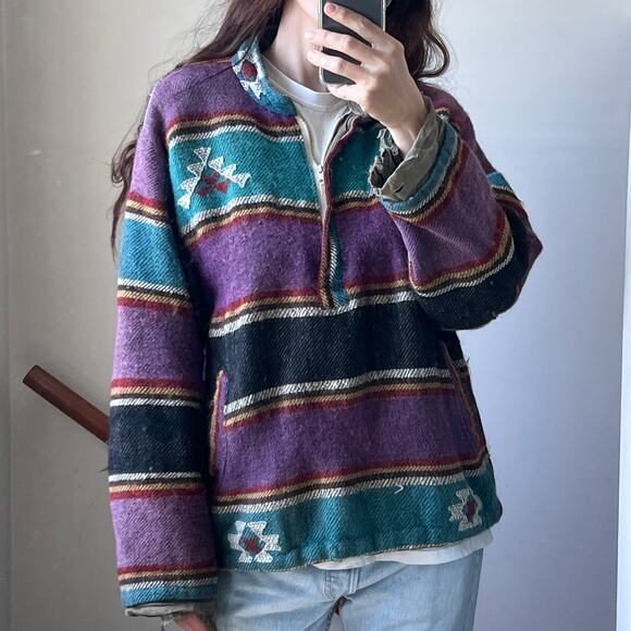 Vintage striped wool pullover hippie baja pullover sweater shacket southwestern - Picture 3 of 11